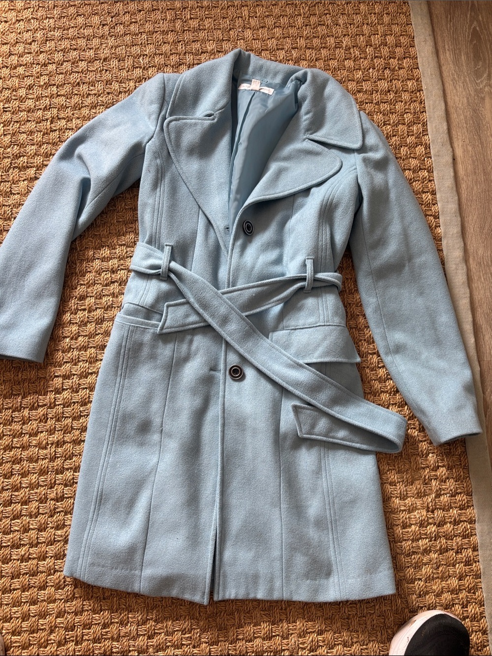 New York & Company Light Blue Belted Wool-Blend Trench Coat